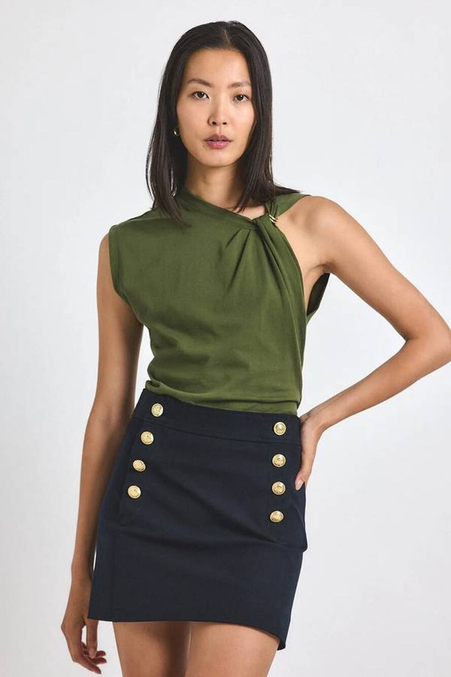 Derek Lam 10 Crosby Nia Asymmetric Embellished Twist Tee in Fatigue M